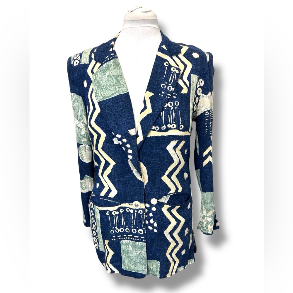 VTG 80s Justin B Jones Women’s Artistic Blue Cream Blazer with Abstract Design